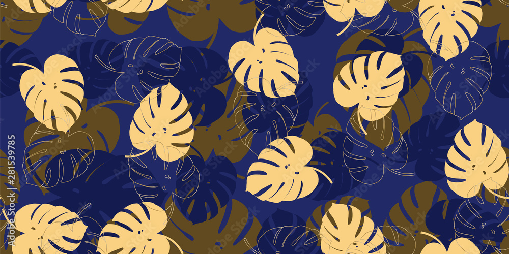Purple blue pattern monstera tropical seamless vector with gold monstera's foliage background. Exotic wallpaper