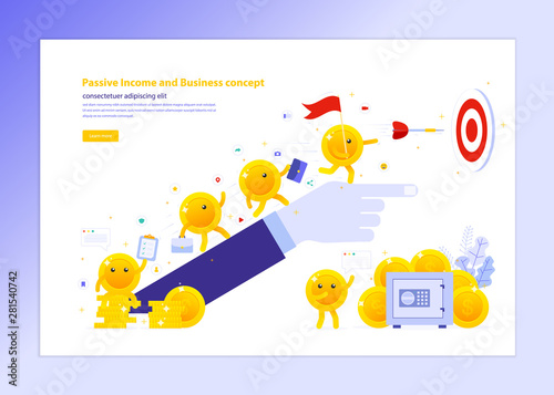 Passive income and Business concept, Hand pointing forward and Cartoon Coins Money Character go out to working together and throwing dart arrow flying on target for Growing Financial Wealth Investment