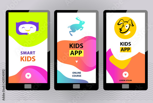 Smart kids online education app logo concept illustration. Three touching screen smartphone for Template App Development Landing Front page mobile website. Easy customize and edit. Vector.