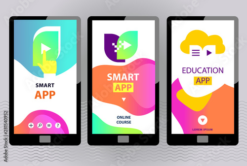 Smart online education app logo concept illustration. Three touching screen smartphone for Template App Development Landing Front page mobile website. Easy customize and edit. Vector
