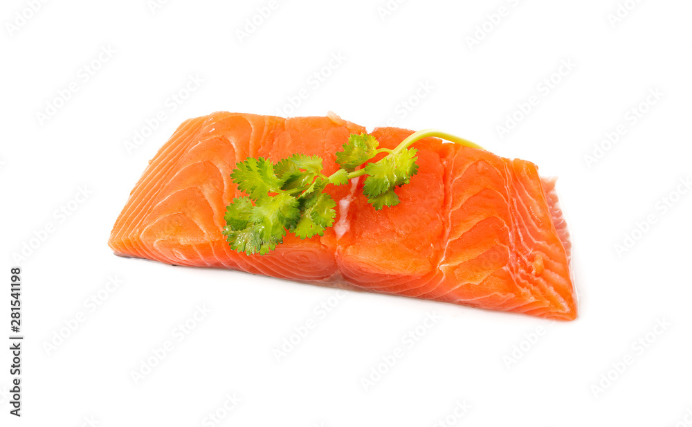 Raw salmon with coriander leaves on the White Blackground Raw salmon with coriander leaves on the White Blackground