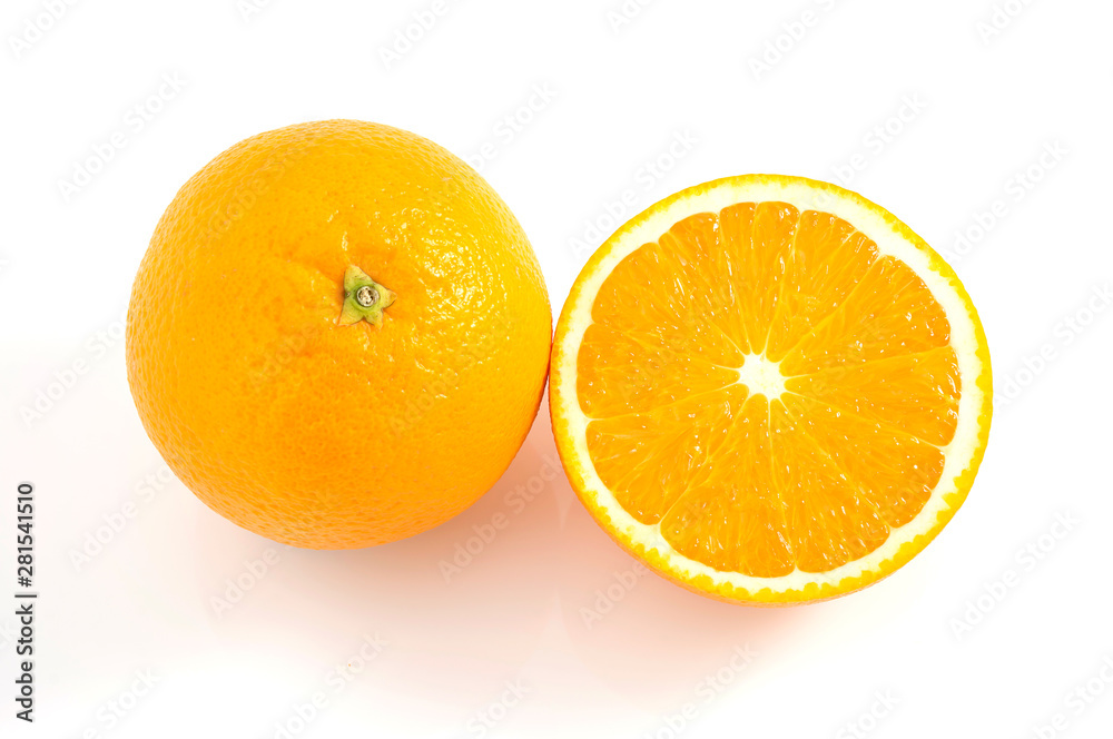 Orange is a fruit that contains vitamins. C. high in orange, cut in half With a shadow on a white background Orange is a fruit that contains vitamins. C. high in orange, cut in half With a shadow on a white background