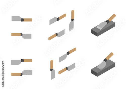 Japanese leather knives, whetstone and sharpener 3D isometric, Sharpen knife concept poster and banner vertical design illustration isolated on white background with copy space, vector eps 10