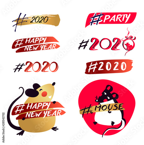 Chinese Happy new year 2020. Template card for Happy new year party with white rat  mice. Lunar horoscope sign. Hieroglyph translate mouse. Funny sketch mouse with long tail. Vector illustration