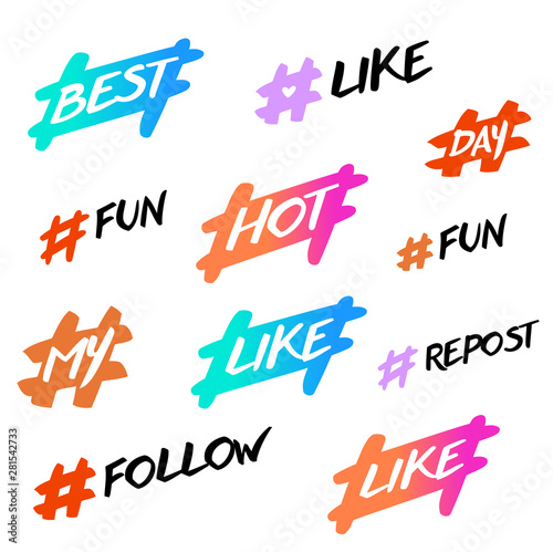 Hashtag icon with text for social network, internet application. Set freehand drawn symbol template. Hashtag isolated on white background. Fun logo