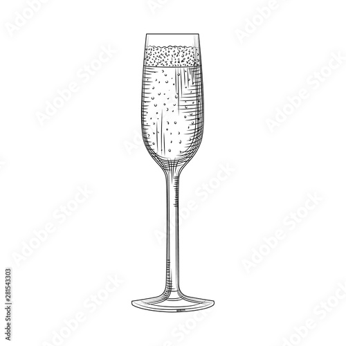 Hand drawn full champagne glass sketch. Sparkling wine glass.