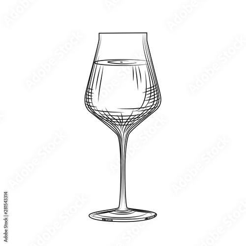 Freehand classic full wine glass sketch. Engraving style.