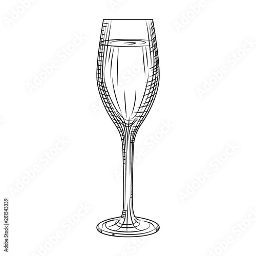 Full sparkling wine glass. Hand drawn champagne glass sketch.