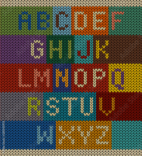 Vector knitted letter set font on knit background with various color combinations. Easy to edit.