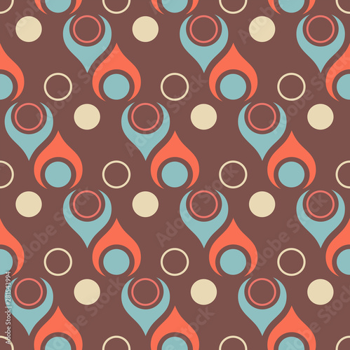 Seamless abstract midcentury modern pattern for backgrounds, fabric design, wrapping paper, scrapbooks and covers. Retro design of teardrop shapes and vintage colors. Vector illustration.