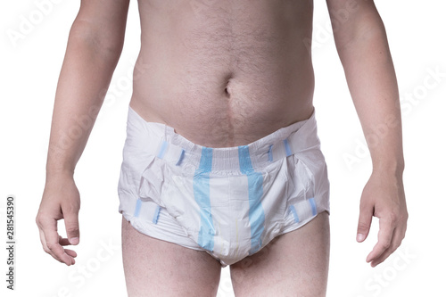 A man with a scar on his stomach wears an adult diaper isolated on white..Medical diapers for people with digestion problems after surgery, trauma or incontinence.