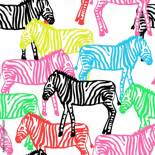 All over seamless repeat pattern with colorful and black and white baby zebras overlapping