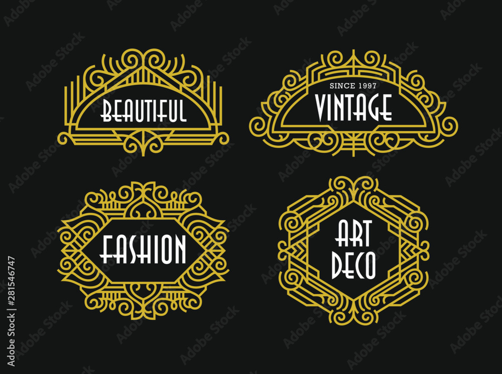 Beautiful Art Deco Set Vintage Ornament Frames Exclusive Line Art Minimalist Badges Luxury Label Graphic Elements