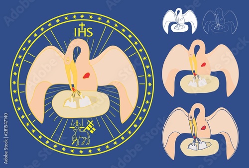 Medal colored. Divine pelican. Christian sacred symbol.