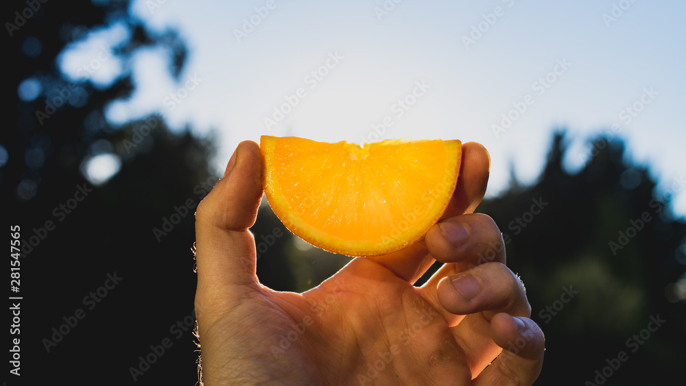 hand holding a slice of an orange hand holding a slice of an orange
