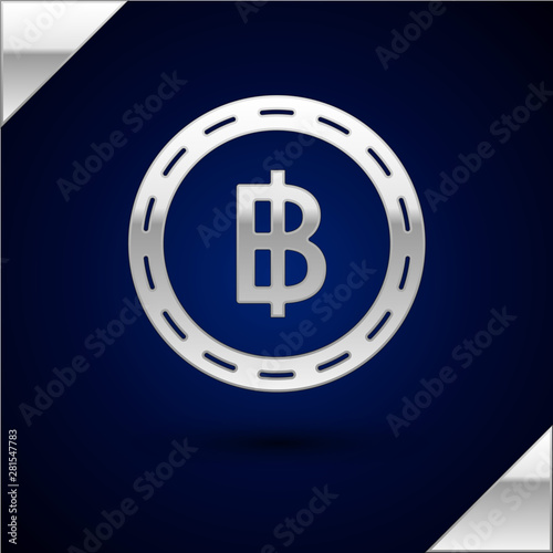 Silver Cryptocurrency coin Bitcoin icon isolated on dark blue background. Blockchain technology, bitcoin, digital money market, cryptocoin wallet. Vector Illustration