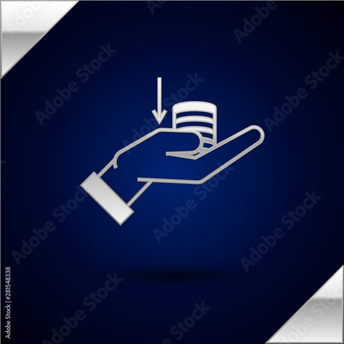 Silver Money on hand icon isolated on dark blue background. Palm holds cash with down. Cash salary decrease. Vector Illustration