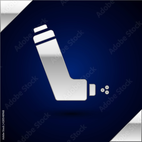 Silver Inhaler icon isolated on dark blue background. Breather for cough relief, inhalation, allergic patient. Medical allergy asthma inhaler spray. Vector Illustration