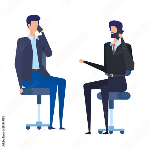 businessmen workers calling with cellphones in office chairs
