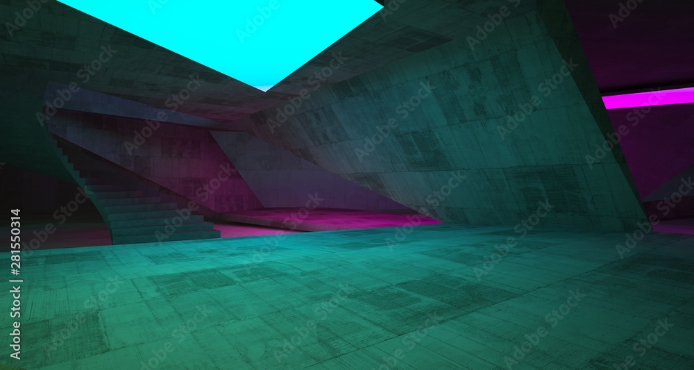 Abstract architectural concrete interior of a minimalist house with color gradient neon lighting. 3D illustration and rendering.