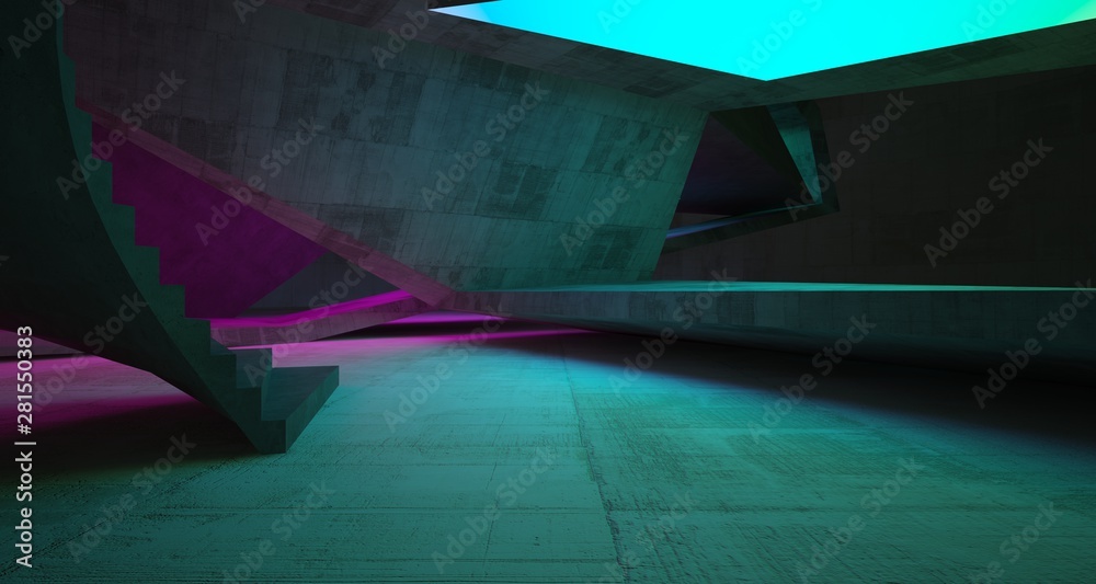 Abstract architectural concrete interior of a minimalist house with color gradient neon lighting. 3D illustration and rendering.