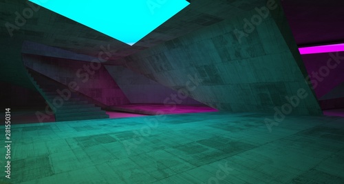 Obraz na płótnie Abstract architectural concrete interior of a minimalist house with color gradient neon lighting. 3D illustration and rendering. w salonie