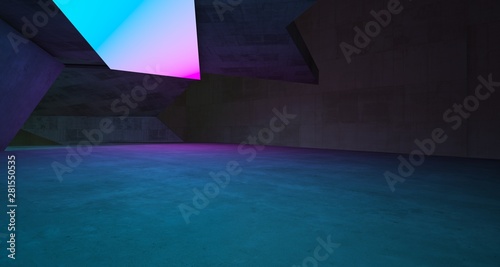 Abstract architectural concrete interior of a minimalist house with color gradient neon lighting. 3D illustration and rendering.