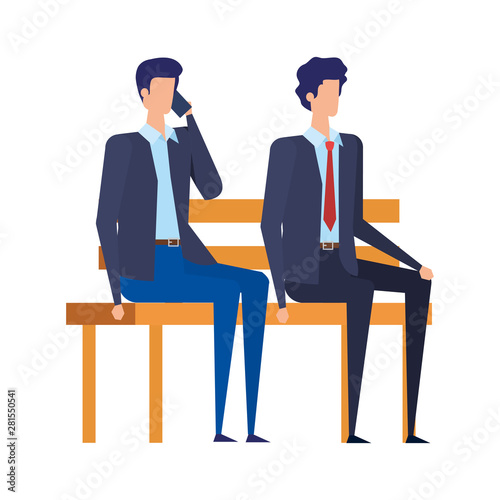 elegant businessmen calling with cellphones in the park chair