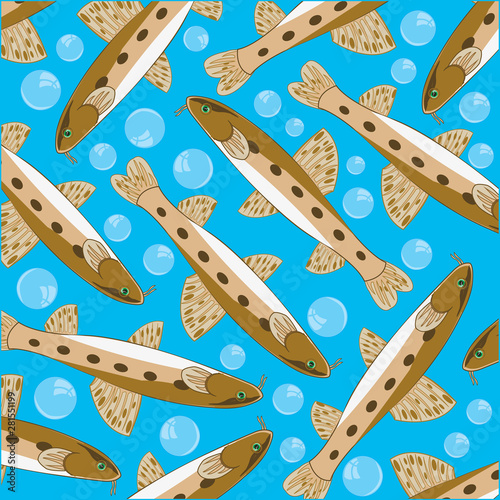 Fish gudgeon decorative pattern on turn blue background