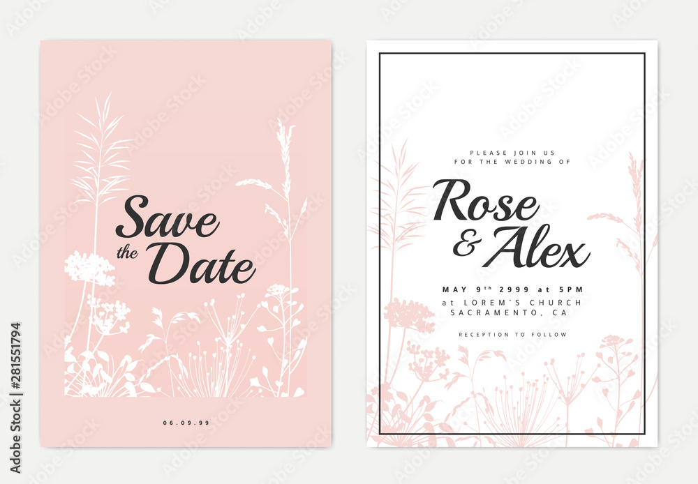 Botanical wedding invitation card template design, white and pink silhouette grass flowers on pink and white