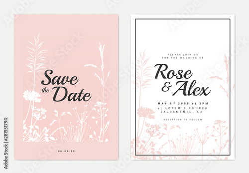 Botanical wedding invitation card template design, white and pink silhouette grass flowers on pink and white