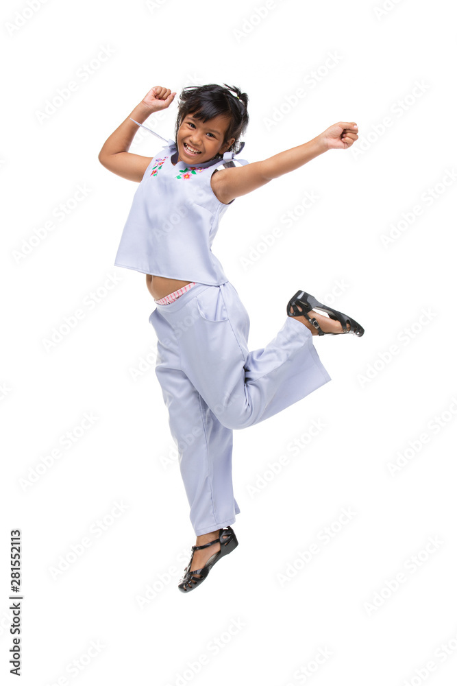 Portrait of Black asian child jumping isolated on white . Portrait of Black asian child jumping isolated on white .