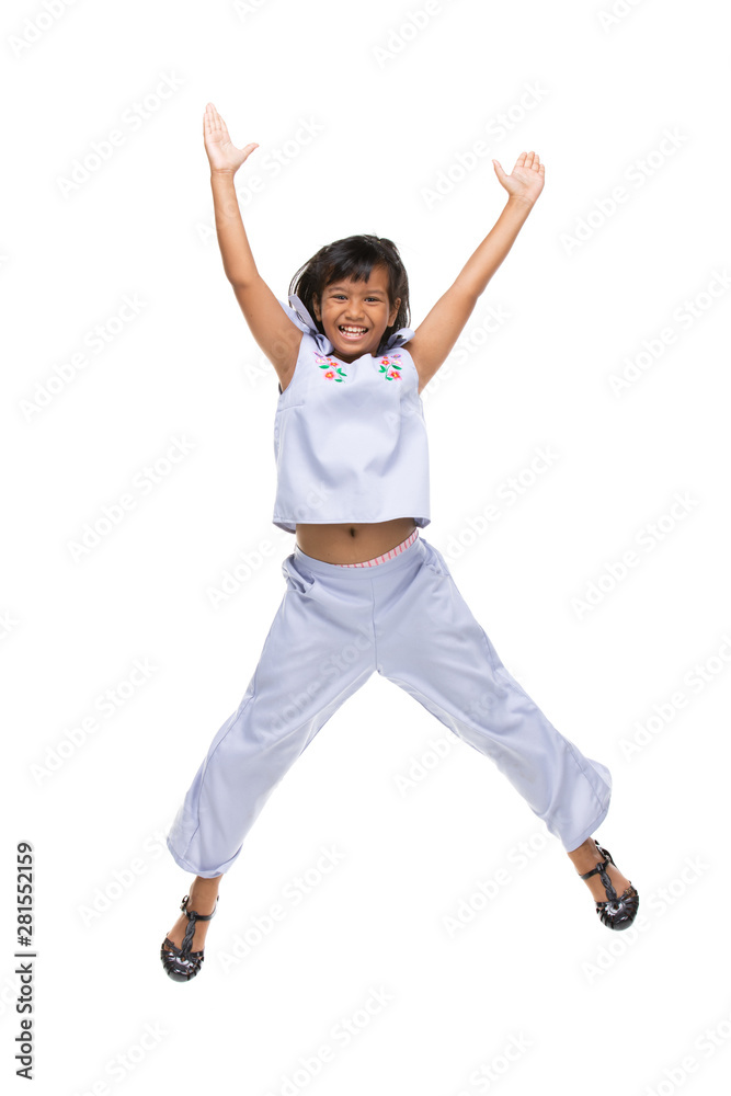 Portrait of Black asian child jumping isolated on white .