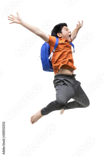Portrait of happy little Asian child jumping isolated on white