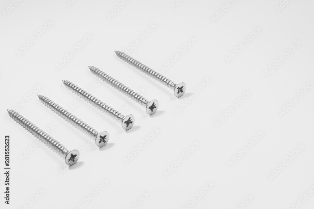 Screws in a row on a white background Screws in a row on a white background