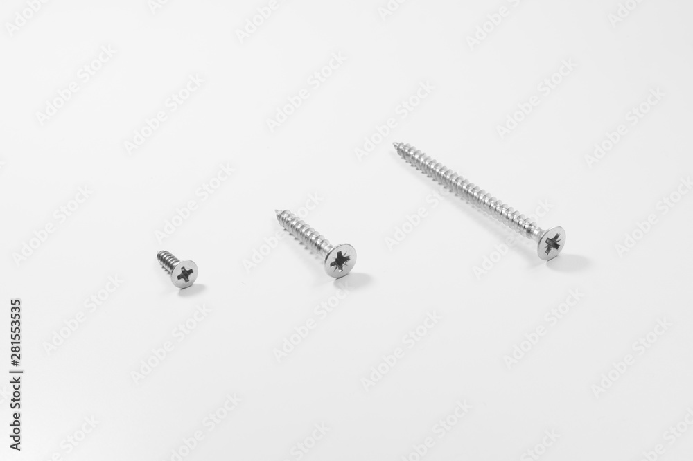 Various screws in a row on a white background Various screws in a row on a white background