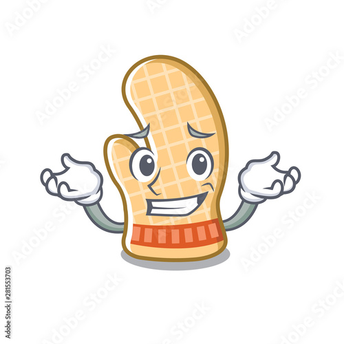 Grinning oven glove placed mascot cooking table