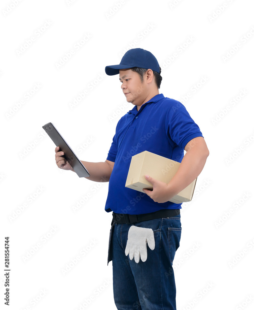asian delivery man working in blue shirt with Waist bag for equipment isolated white background asian delivery man working in blue shirt with Waist bag for equipment isolated white background