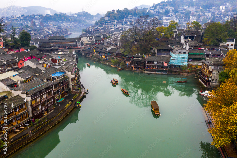Drone view of Fenghuang ancient town in Hunan province, China