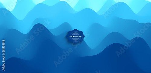 Blue abstract background. Realistic landscape with waves. Cover design template. 3d vector illustration.