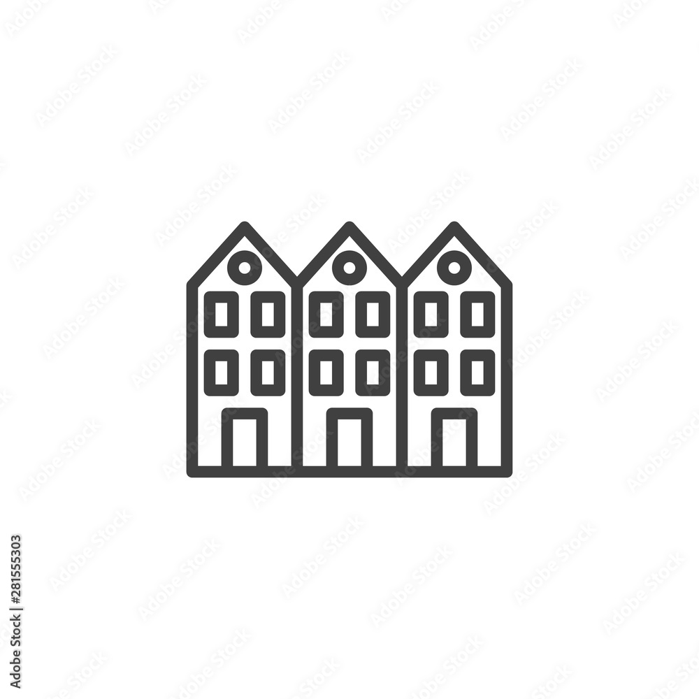 Neighborhood house line icon. linear style sign for mobile concept and web design. Three house buildings outline vector icon. Symbol, logo illustration. Vector graphics