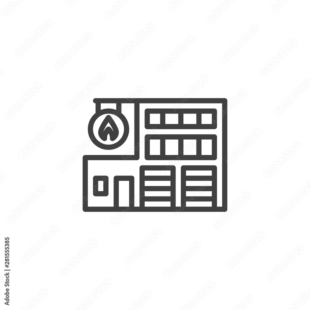Fire station building line icon. linear style sign for mobile concept and web design. Fire department outline vector icon. Symbol, logo illustration. Vector graphics Fire station building line icon. linear style sign for mobile concept and web design. Fire department outline vector icon. Symbol, logo illustration. Vector graphics