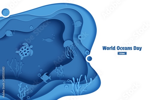 Paper cut butterflyfish, jellyfish, moonfish, turtle. Paper craft underwater ocean cave with fishes, coral reef, seabed in algae, waves. Diving concept, deep blue marine life. Vector sea wildlife