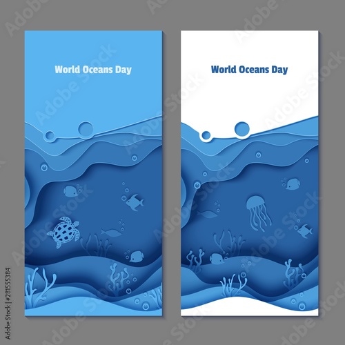 Paper cut butterflyfish, jellyfish, moonfish, turtle. Paper craft underwater ocean cave with fishes, coral reef, seabed in algae, waves. Diving concept, deep blue marine life. Vector sea wildlife