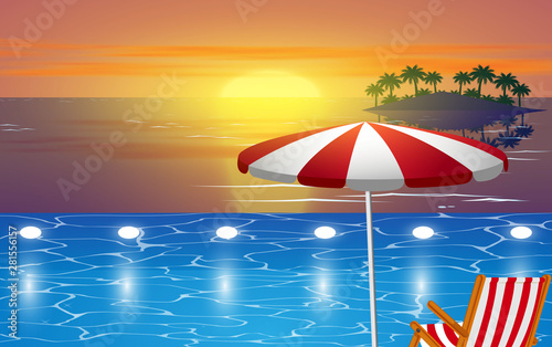 landscape of swimming pool on the beach in sunset