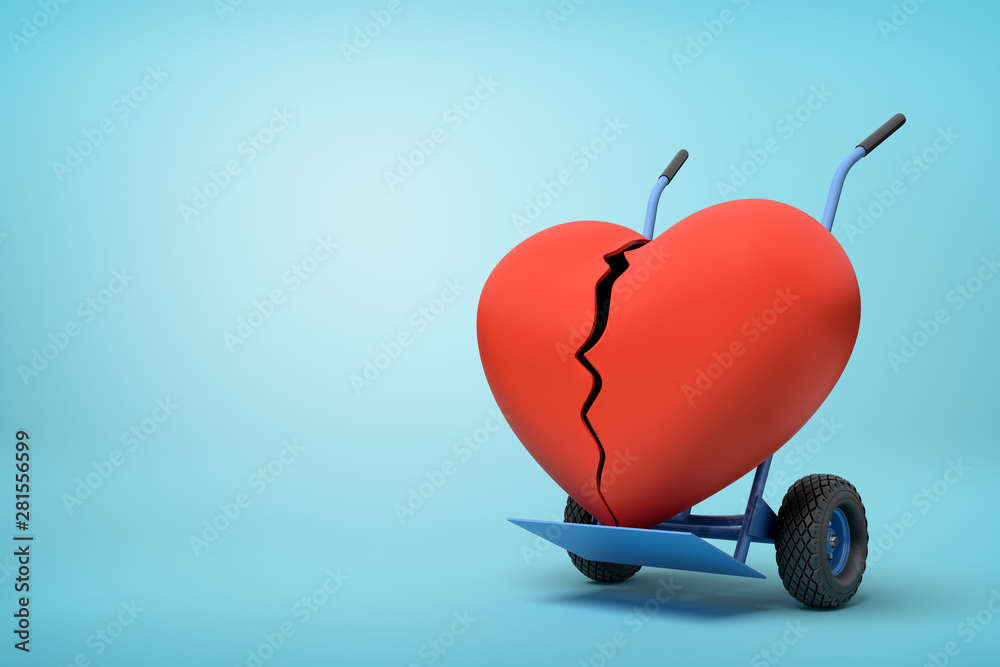 Obraz premium 3d rendering of broken big red heart on a hand truck on blue background