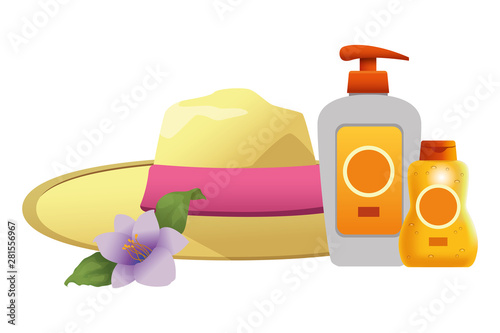 Summer hat and sun bronzer bottles