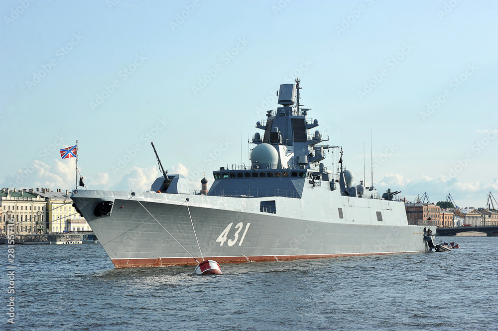 warship Admiral of the fleet Kasatonov in the Neva river in St. Petersburg warship Admiral of the fleet Kasatonov in the Neva river in St. Petersburg