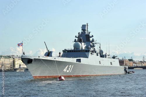 warship Admiral of the fleet Kasatonov in the Neva river in St. Petersburg © Deno
