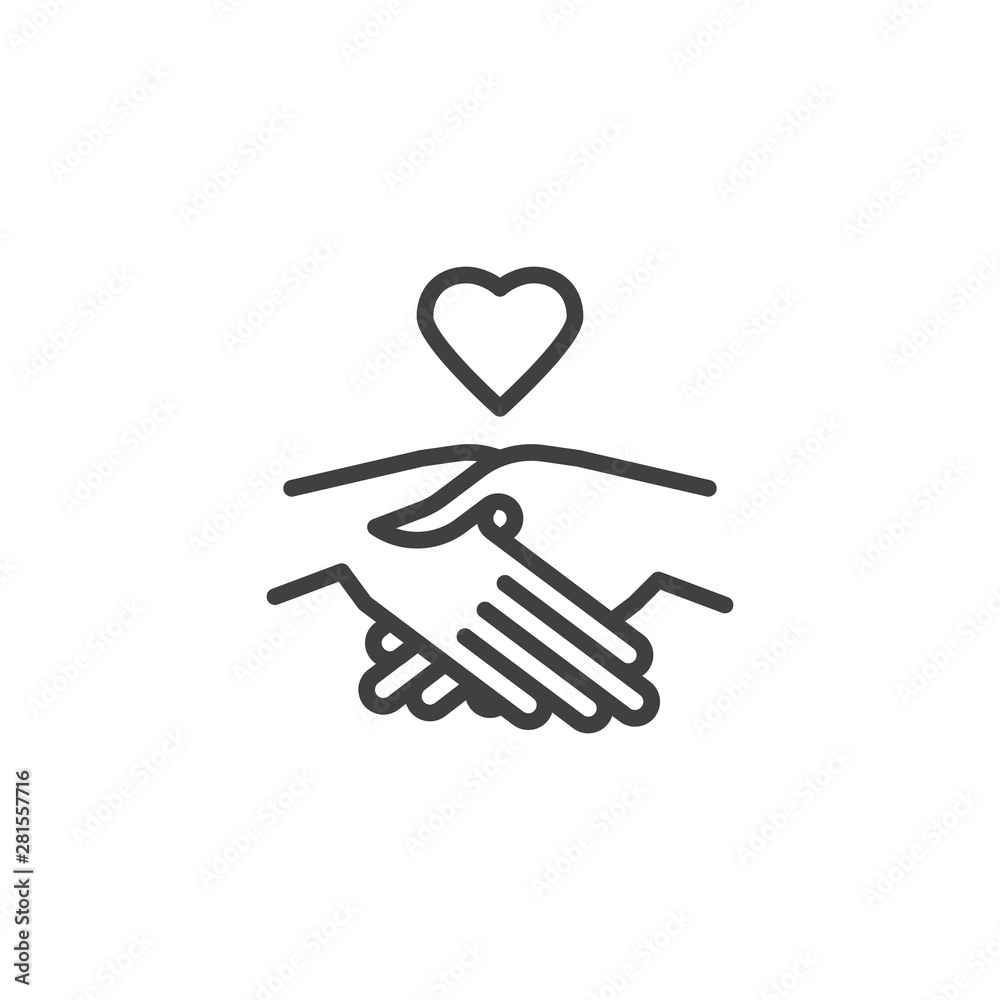 Fototapeta premium Handshake and heart line icon. linear style sign for mobile concept and web design. Charity and donation outline vector icon. Symbol, logo illustration. Vector graphics